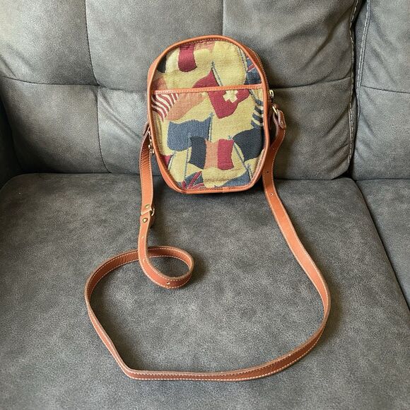 Vtg Brahmin Brown Leather Round Crossbody Bag Purse Tapestry Flag Print - Picture 1 of 12
